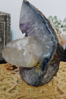 Amethyst Crystal Cluster Geode w/cut base, Fluorescent Calcite