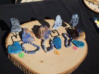 Crystal Combo Corner includes Azurite rough stone, Sodalite on mini stand, Chrysocolla rough stone, Sodalite bracelet