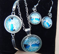 Crescent Moon Tree of Life Necklace /Bracelet / Earring Set~ Celtic Blue