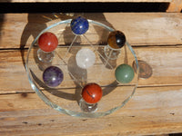 Chakra Crystal Polished Sphere Set w/7 Star Stand, Crystal Chakra Sphere Set with 7 Star Plate, Star Plate with Chakra Polished Sphere Set