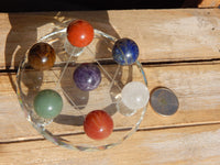 Chakra Crystal Polished Sphere Set w/7 Star Stand, Crystal Chakra Sphere Set with 7 Star Plate, Star Plate with Chakra Polished Sphere Set