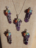Chakra Tree of Life Flat Point Amethyst Pendant w/chain
