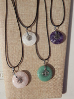 Tree of Life Gemstone Circle Pendants w/chain,Quartz, Amethyst, Rose Quartz, Green Aventurine