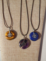 Tree of Life Gemstone Circle Pendants w/chain,Tiger Eye, Fluorite, Lapis Lazuli