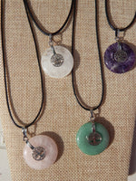 Tree of Life Gemstone Circle Pendants w/chain,Quartz, Amethyst, Rose Quartz, Green Aventurine
