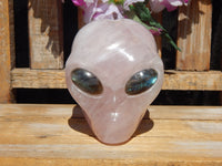 Rose Quartz Crystal Carved Stone Alien w/ Labradorite eyes 4.1&quot;, Crystal Rose Quartz Alien, Rose Crystal Quartz Alien