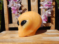Beeswax Jade Crystal Carved Stone Alien W/ Obsidian Eyes