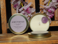 Amethyst Crystal Soy Candle Tin, Candle Crystal Amethyst, Gemstone Candle, Crystal Candle Amethyst, Fig, Green Floral, Lavender, Citrus
