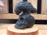 Obsidian Carved Raven & Skull Statue Stone, Obsidian Skull with Raven, Raven and Skull Obsidian Stone Carving