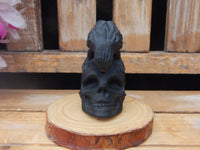 Obsidian Carved Raven & Skull Statue Stone, Obsidian Skull with Raven, Raven and Skull Obsidian Stone Carving