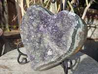 Amethyst Crystal Cluster Heart Geode W/Stand
